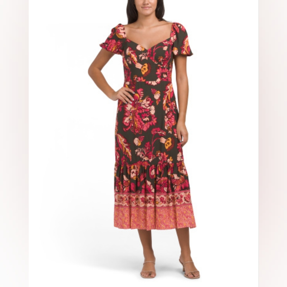 NWT - Adrianna Papell Floral Print Puff Sleeve Smocked Back Midi Dress-Size 16